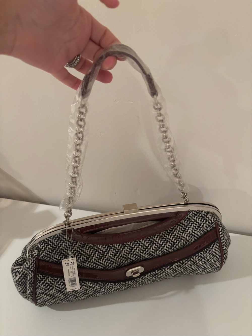 Woven Black & White Shoulder Bag with Brown Trim